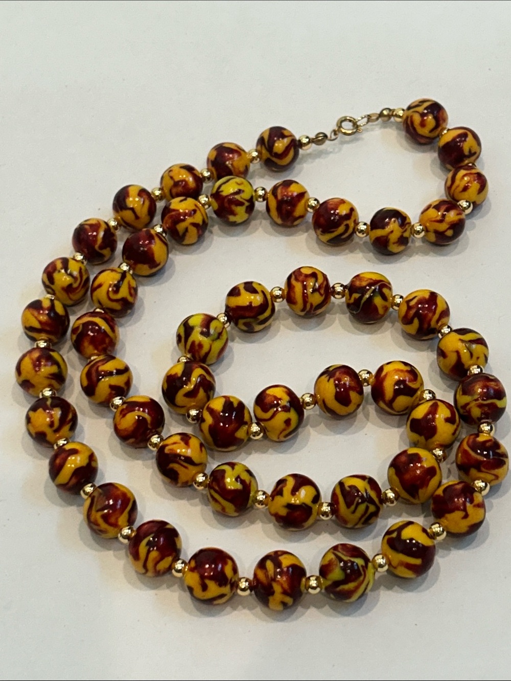 Vintage Yellow /ox blood liquid lava Swirl Bead hand painted Necklace Jewelry os